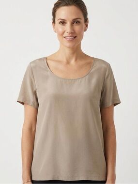 100% Silk Short Sleeve Scoop Neck Blouse - Taupe / Beige
